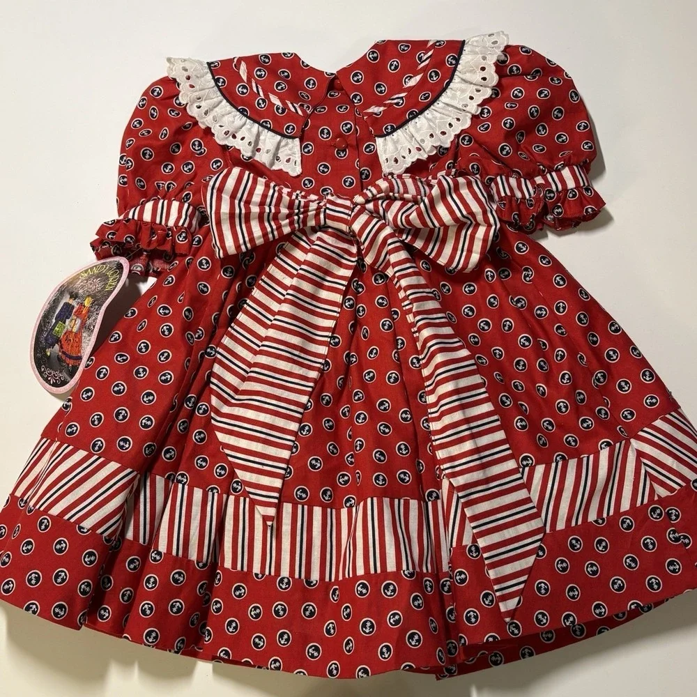 Girls Red Polka Dot Cotton Dress with Navy Bow